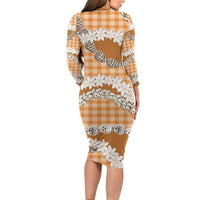 Orange Hawaii Tiare and Shell Lei Family Matching Long Sleeve Bodycon Dress and Hawaiian Shirt Hawaiian Palaka Luxury Vibes - Polynesian Pride