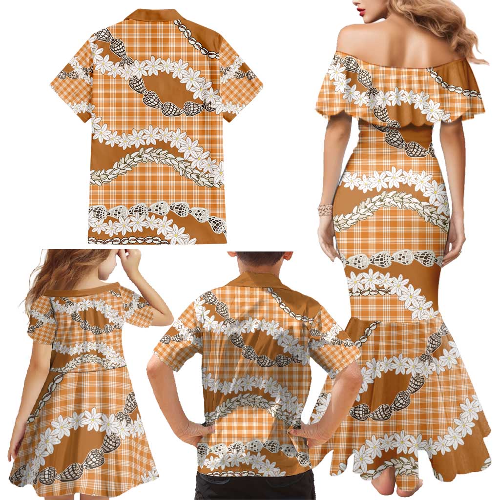 Orange Hawaii Tiare and Shell Lei Family Matching Mermaid Dress and Hawaiian Shirt Hawaiian Palaka Luxury Vibes - Polynesian Pride