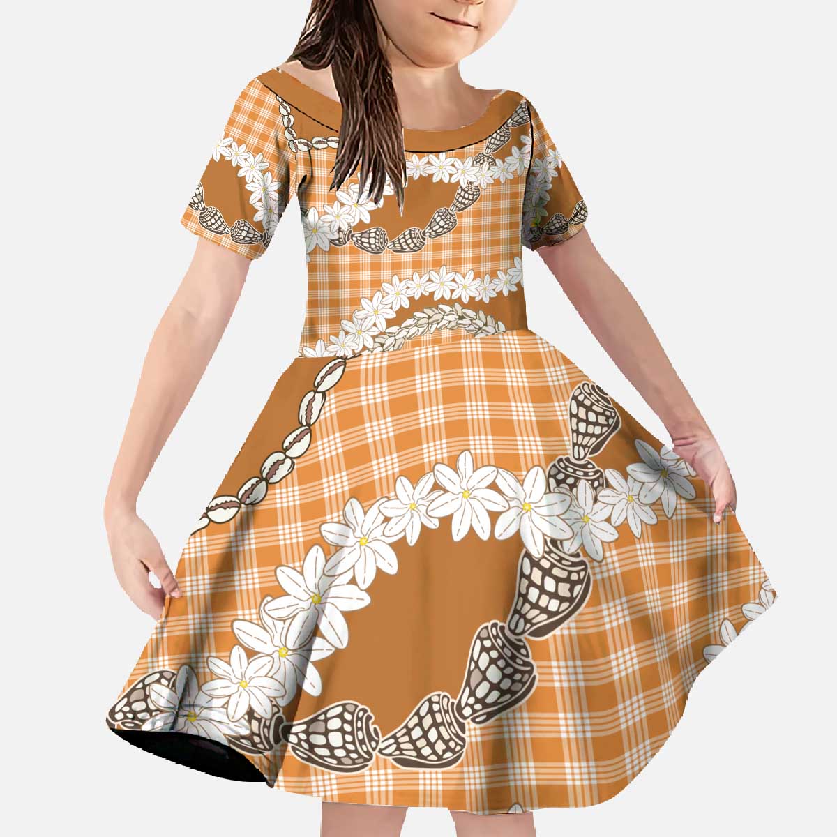 Orange Hawaii Tiare and Shell Lei Family Matching Off The Shoulder Long Sleeve Dress and Hawaiian Shirt Hawaiian Palaka Luxury Vibes - Polynesian Pride