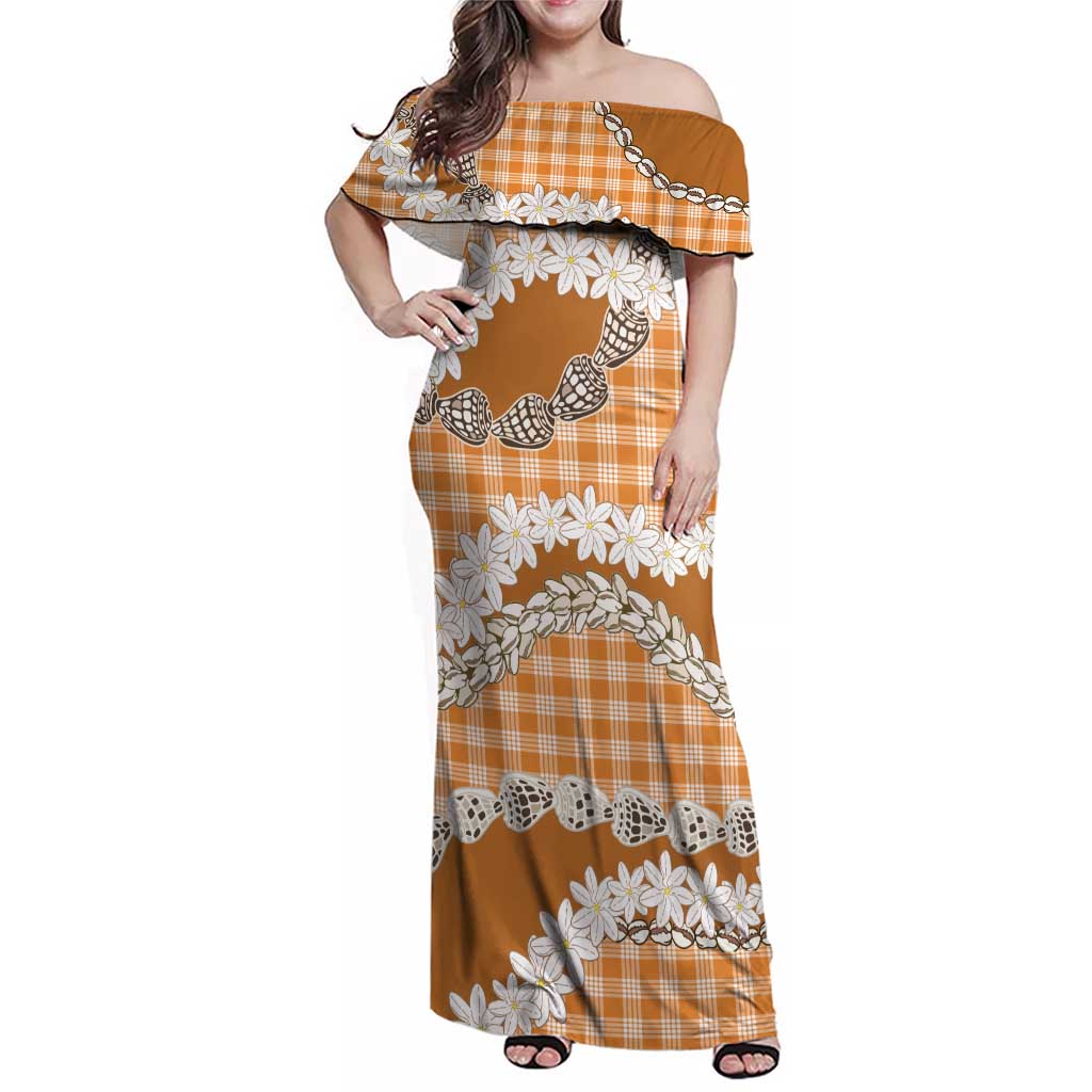 Orange Hawaii Tiare and Shell Lei Family Matching Off Shoulder Maxi Dress and Hawaiian Shirt Hawaiian Palaka Luxury Vibes - Polynesian Pride