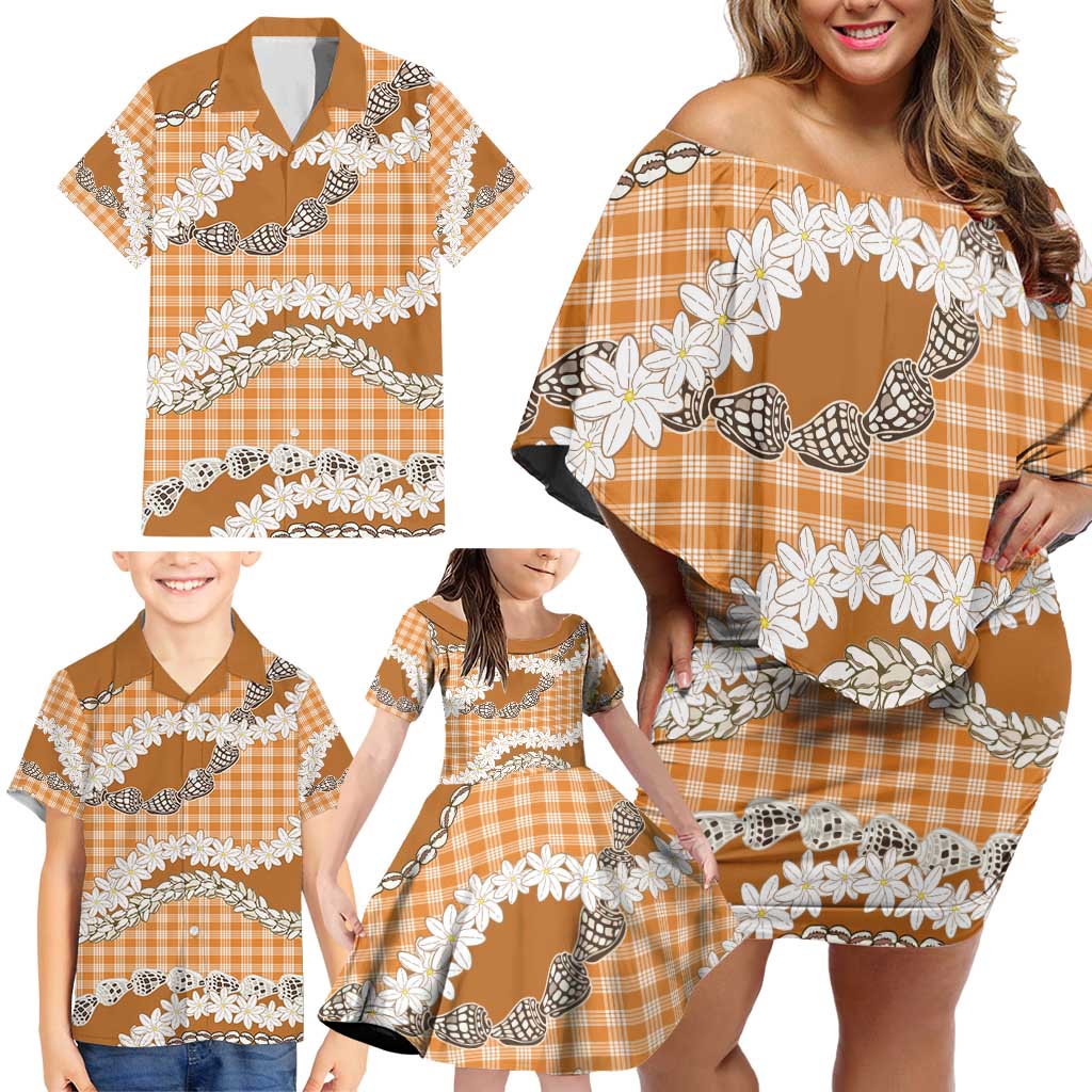 Orange Hawaii Tiare and Shell Lei Family Matching Off Shoulder Short Dress and Hawaiian Shirt Hawaiian Palaka Luxury Vibes - Polynesian Pride
