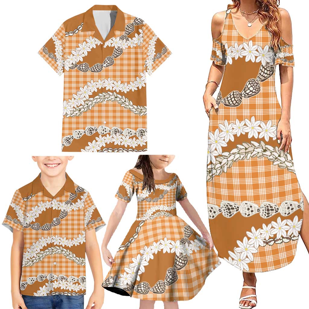 Orange Hawaii Tiare and Shell Lei Family Matching Summer Maxi Dress and Hawaiian Shirt Hawaiian Palaka Luxury Vibes - Polynesian Pride