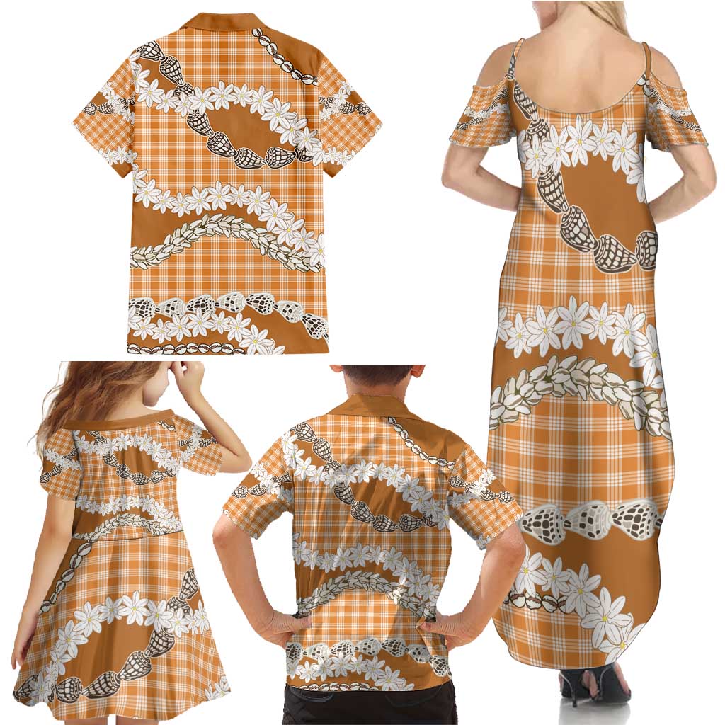Orange Hawaii Tiare and Shell Lei Family Matching Summer Maxi Dress and Hawaiian Shirt Hawaiian Palaka Luxury Vibes - Polynesian Pride