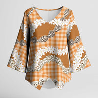 Orange Hawaii Tiare and Shell Lei Kimono Sleeve Blouse Hawaiian Palaka Luxury Vibes - Polynesian Pride