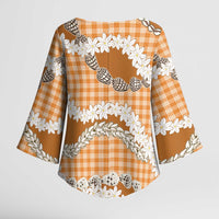 Orange Hawaii Tiare and Shell Lei Kimono Sleeve Blouse Hawaiian Palaka Luxury Vibes - Polynesian Pride