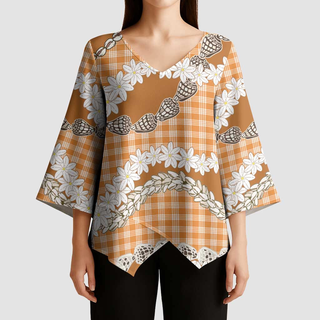 Orange Hawaii Tiare and Shell Lei Kimono Sleeve Blouse Hawaiian Palaka Luxury Vibes - Polynesian Pride