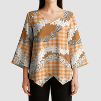 Orange Hawaii Tiare and Shell Lei Kimono Sleeve Blouse Hawaiian Palaka Luxury Vibes - Polynesian Pride