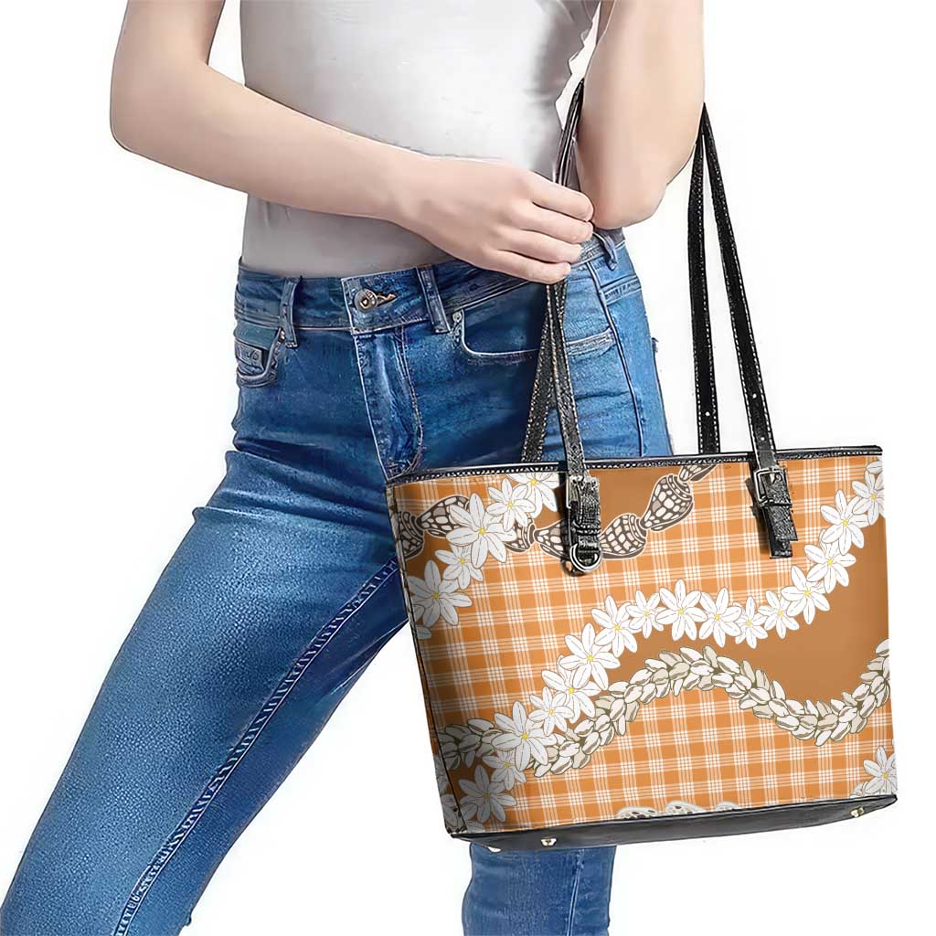 Orange Hawaii Tiare and Shell Lei Leather Tote Bag Hawaiian Palaka Luxury Vibes - Polynesian Pride