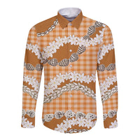 Orange Hawaii Tiare and Shell Lei Long Sleeve Button Shirt Hawaiian Palaka Luxury Vibes - Polynesian Pride