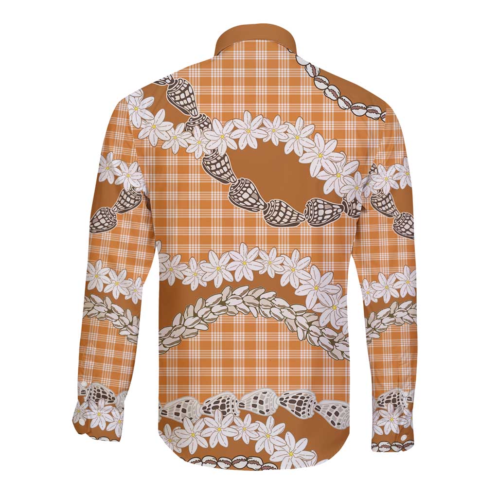 Orange Hawaii Tiare and Shell Lei Long Sleeve Button Shirt Hawaiian Palaka Luxury Vibes - Polynesian Pride