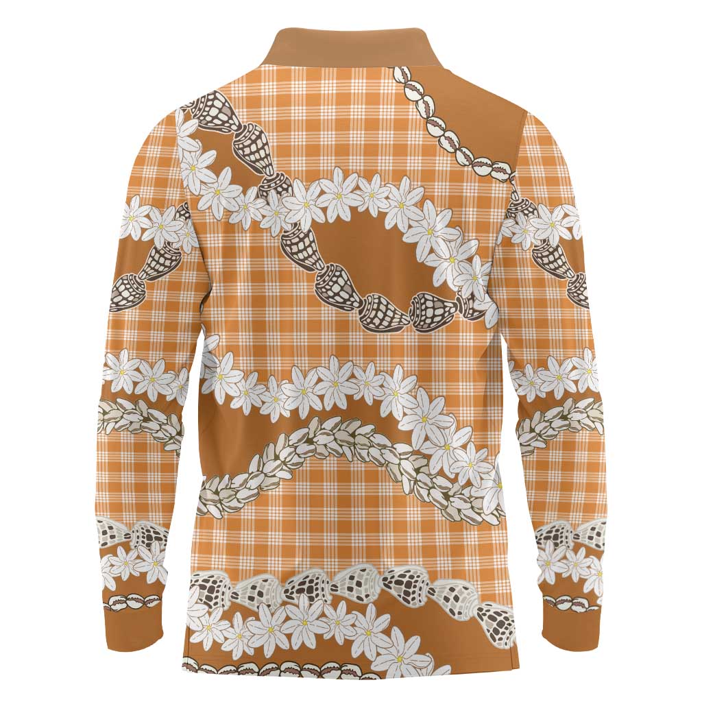 Orange Hawaii Tiare and Shell Lei Long Sleeve Polo Shirt Hawaiian Palaka Luxury Vibes - Polynesian Pride