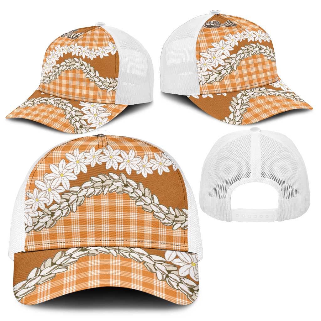 Orange Hawaii Tiare and Shell Lei Mesh Trucker Cap Hawaiian Palaka Luxury Vibes - Polynesian Pride