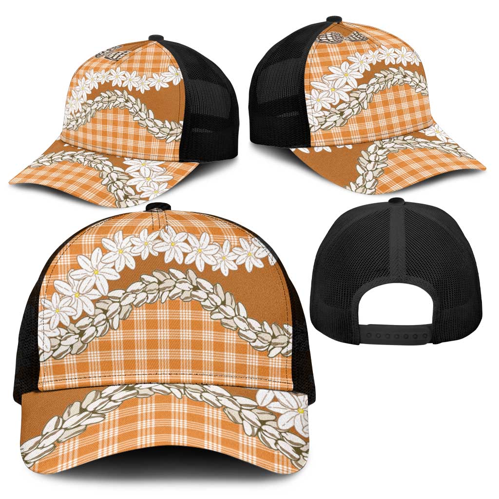 Orange Hawaii Tiare and Shell Lei Mesh Trucker Cap Hawaiian Palaka Luxury Vibes - Polynesian Pride
