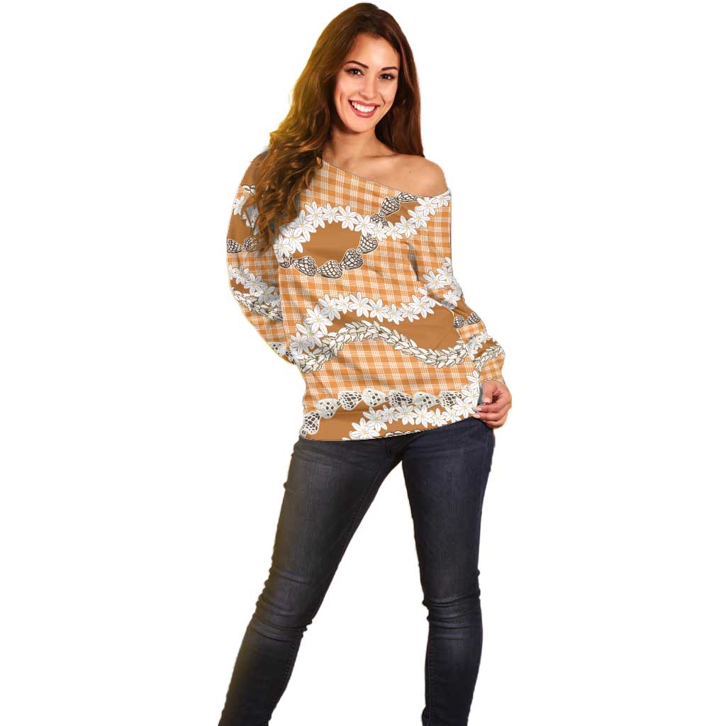 Orange Hawaii Tiare and Shell Lei Off Shoulder Sweater Hawaiian Palaka Luxury Vibes - Polynesian Pride