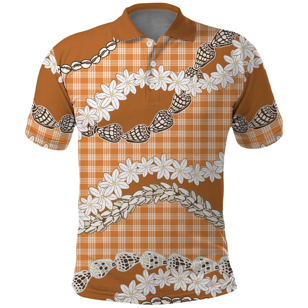 Orange Hawaii Tiare and Shell Lei Polo Shirt Hawaiian Palaka Luxury Vibes - Polynesian Pride