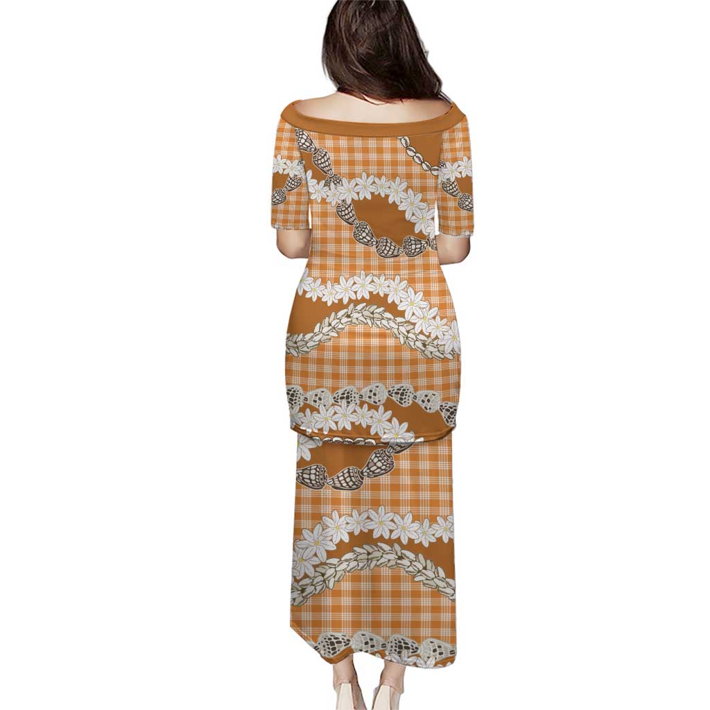 Orange Hawaii Tiare and Shell Lei Puletasi Hawaiian Palaka Luxury Vibes - Polynesian Pride