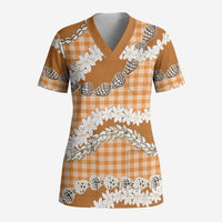 Orange Hawaii Tiare and Shell Lei Scrub Top Hawaiian Palaka Luxury Vibes - Polynesian Pride