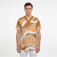 Orange Hawaii Tiare and Shell Lei Scrub Top Hawaiian Palaka Luxury Vibes - Polynesian Pride