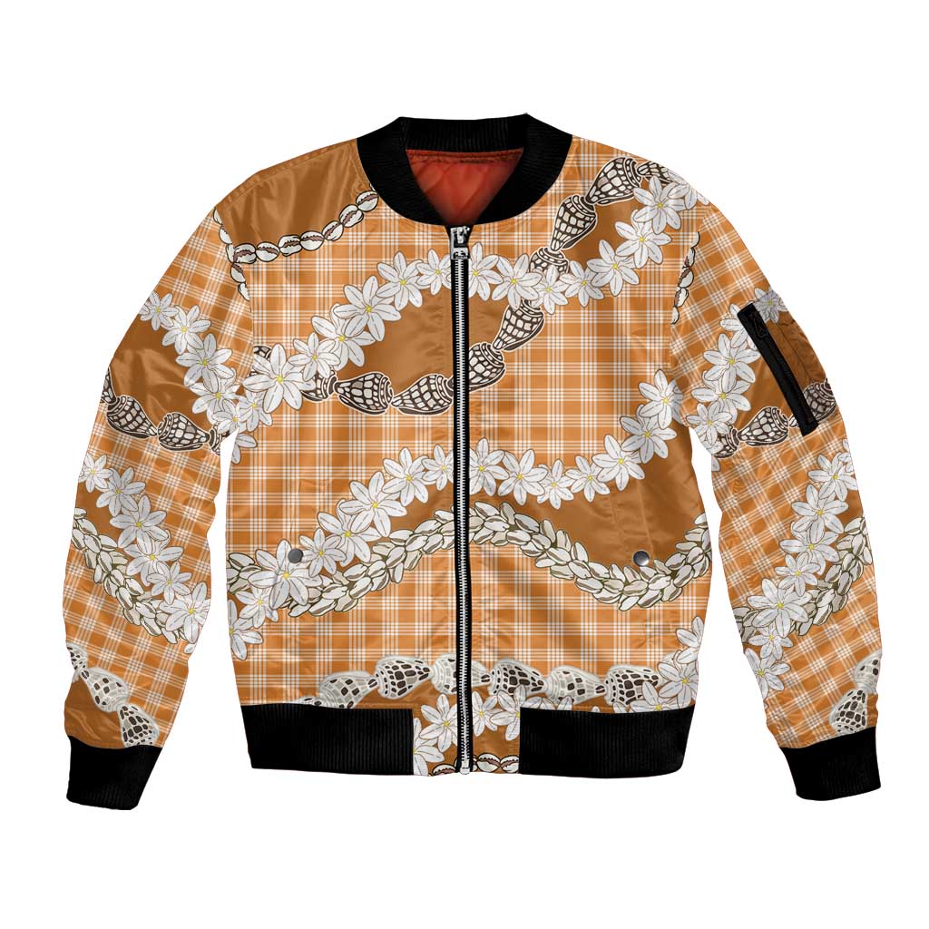 Orange Hawaii Tiare and Shell Lei Sleeve Zip Bomber Jacket Hawaiian Palaka Luxury Vibes - Polynesian Pride
