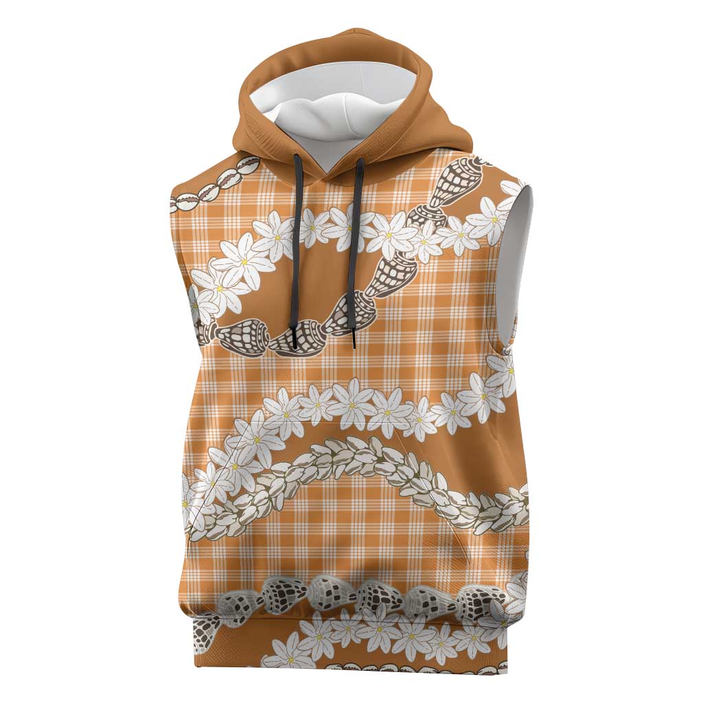 Orange Hawaii Tiare and Shell Lei Sleeveless Hoodie Hawaiian Palaka Luxury Vibes - Polynesian Pride