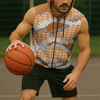 Orange Hawaii Tiare and Shell Lei Sleeveless Zip Hoodie Hawaiian Palaka Luxury Vibes - Polynesian Pride