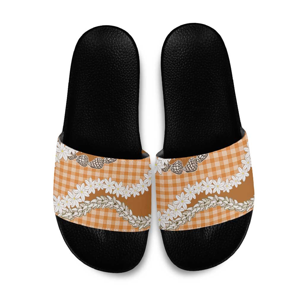 Orange Hawaii Tiare and Shell Lei Slide Sandals Hawaiian Palaka Luxury Vibes - Polynesian Pride