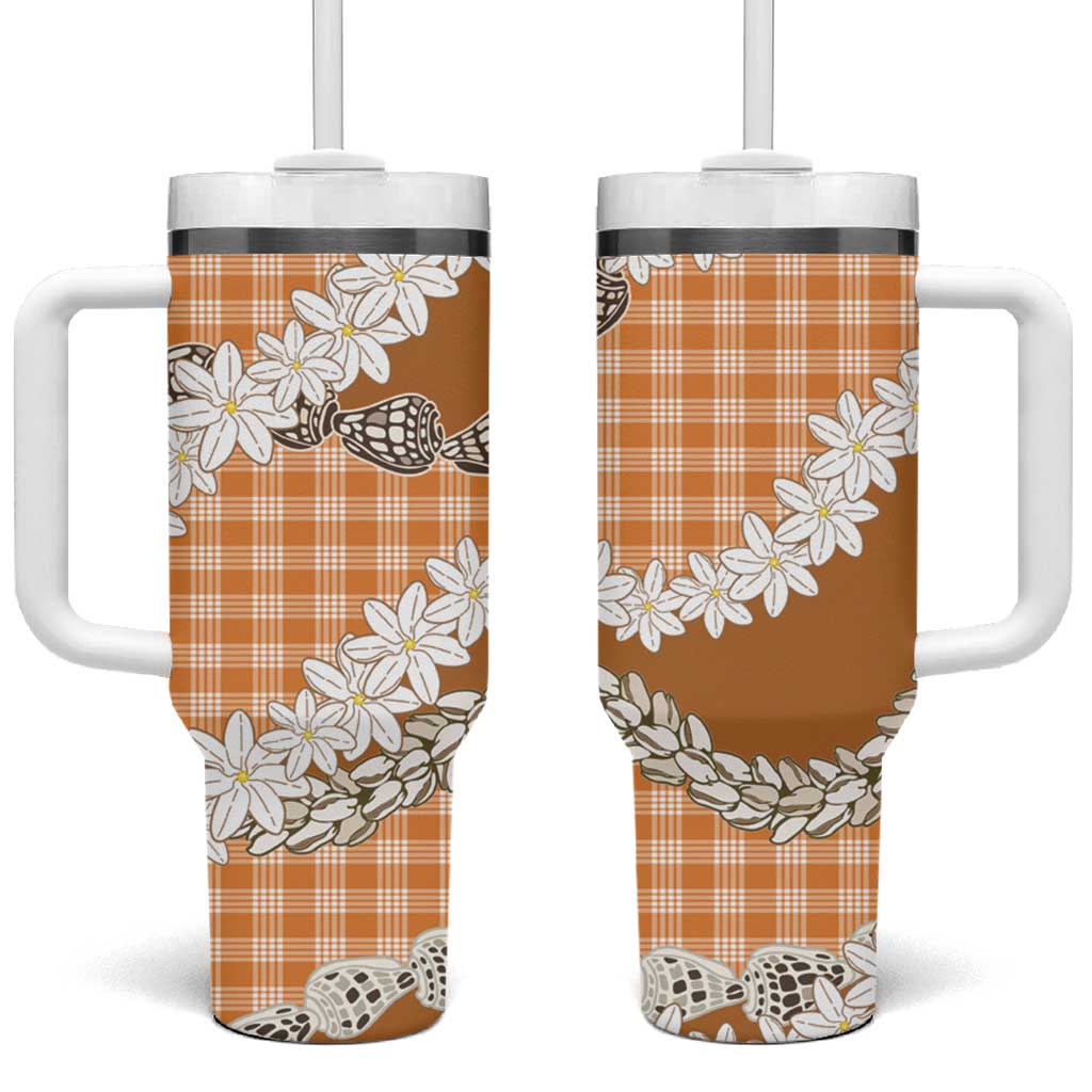 Orange Hawaii Tiare and Shell Lei Tumbler With Handle Hawaiian Palaka Luxury Vibes LT14 One Size: 40 oz Orange - Polynesian Pride