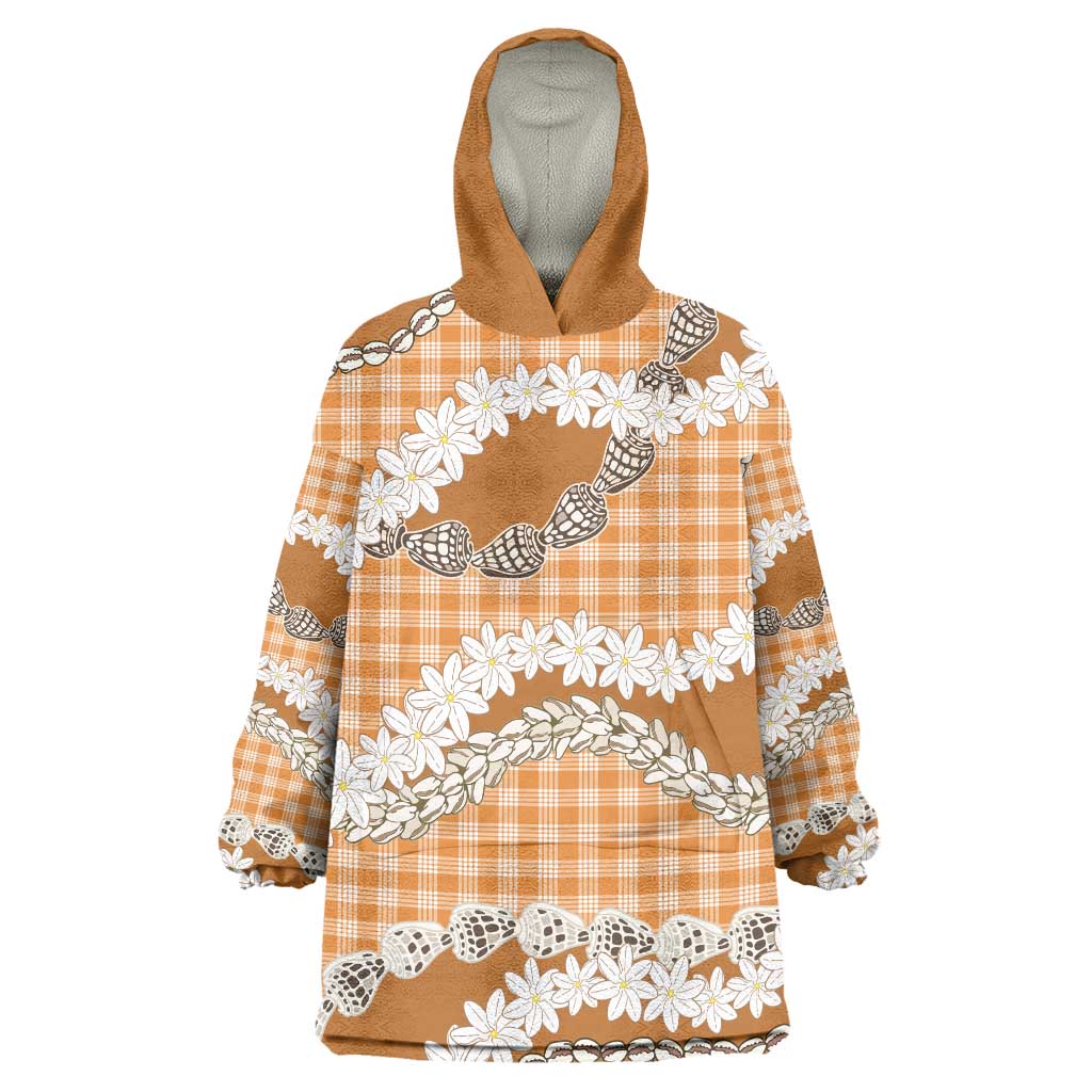 Orange Hawaii Tiare and Shell Lei Wearable Blanket Hoodie Hawaiian Palaka Luxury Vibes - Polynesian Pride