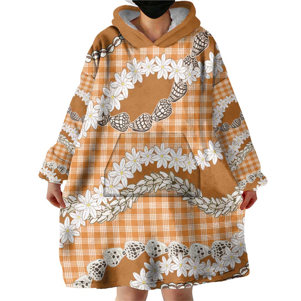 Orange Hawaii Tiare and Shell Lei Wearable Blanket Hoodie Hawaiian Palaka Luxury Vibes - Polynesian Pride