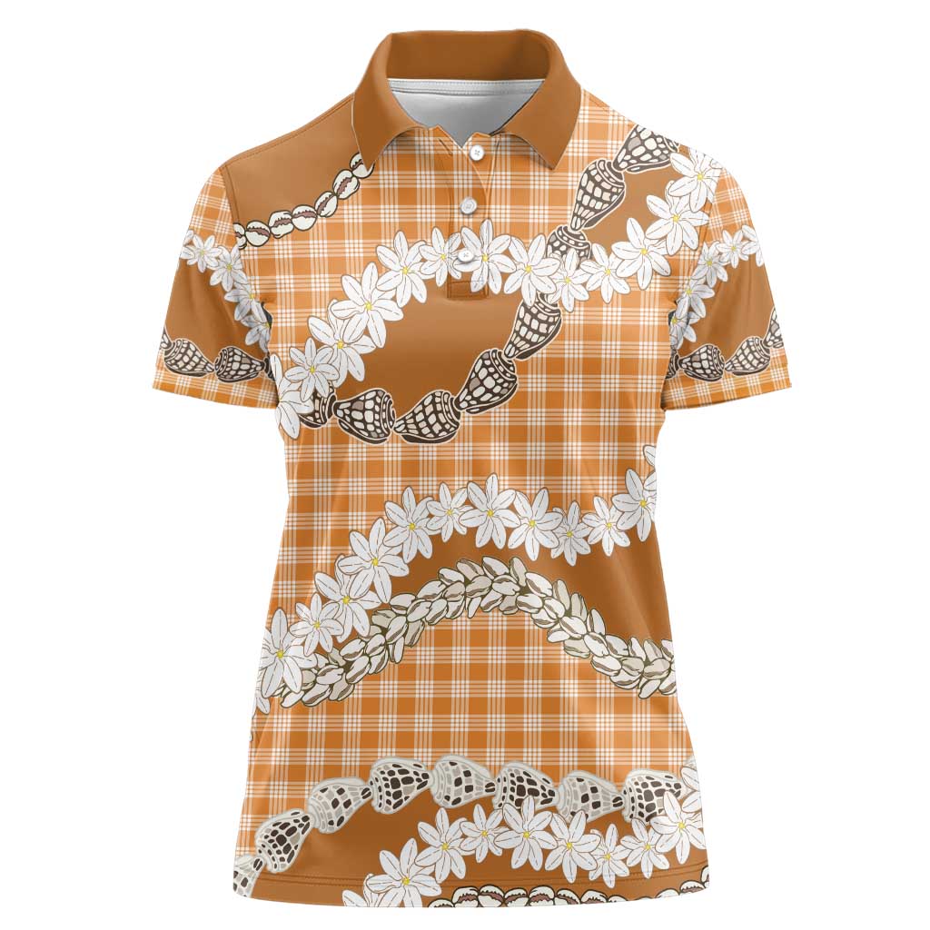 Orange Hawaii Tiare and Shell Lei Women Polo Shirt Hawaiian Palaka Luxury Vibes - Polynesian Pride