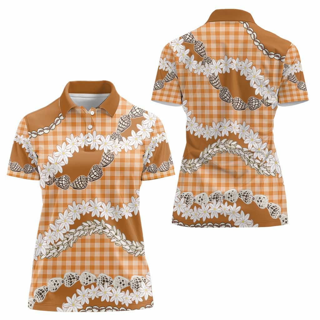 Orange Hawaii Tiare and Shell Lei Women Polo Shirt Hawaiian Palaka Luxury Vibes - Polynesian Pride