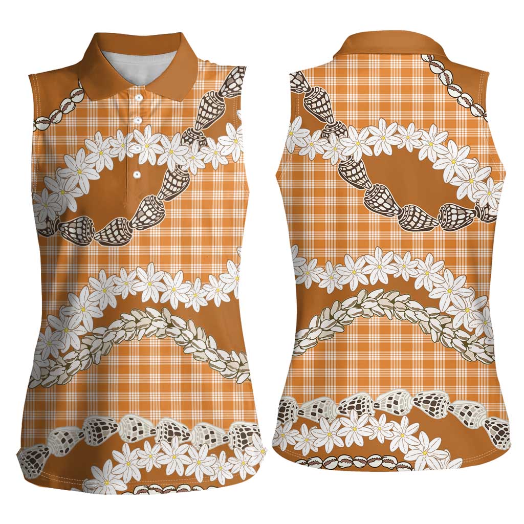 Orange Hawaii Tiare and Shell Lei Women Sleeveless Polo Shirt Hawaiian Palaka Luxury Vibes - Polynesian Pride