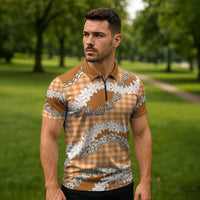 Orange Hawaii Tiare and Shell Lei Zipper Polo Shirt Hawaiian Palaka Luxury Vibes - Polynesian Pride