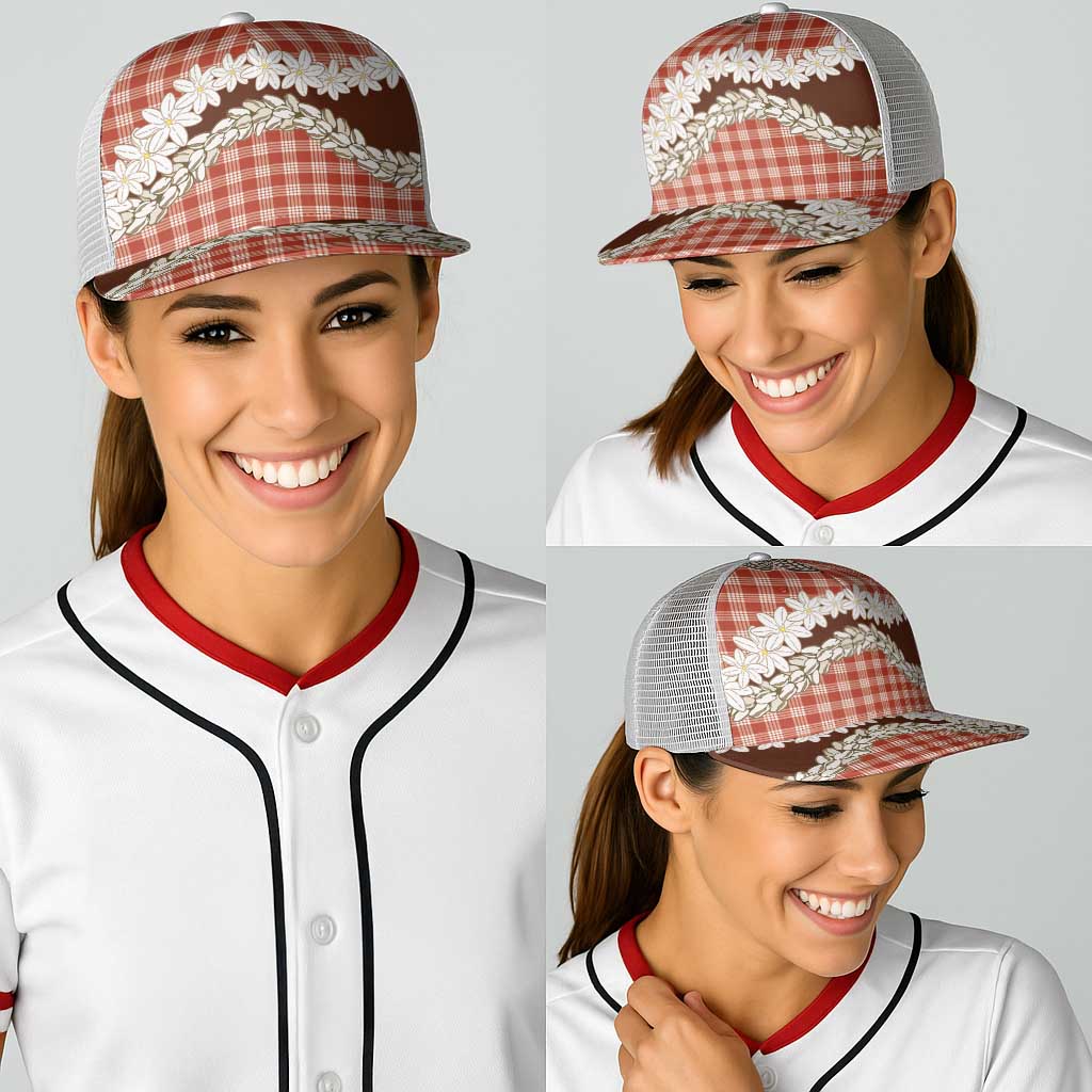 Red Hawaii Tiare and Shell Lei Baseball Net Cap Hawaiian Palaka Luxury Vibes - Polynesian Pride