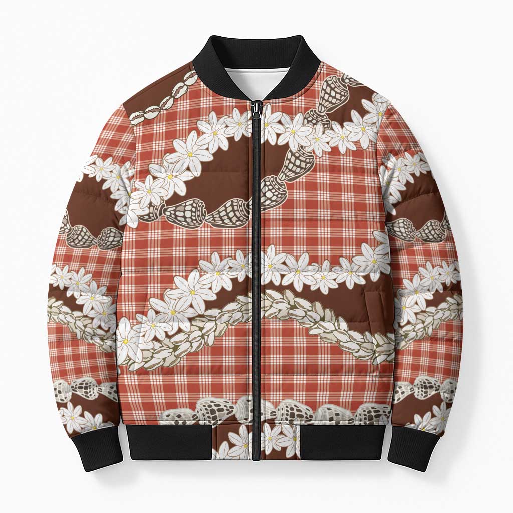 Red Hawaii Tiare and Shell Lei Bomber Puffer Jacket Hawaiian Palaka Luxury Vibes - Polynesian Pride