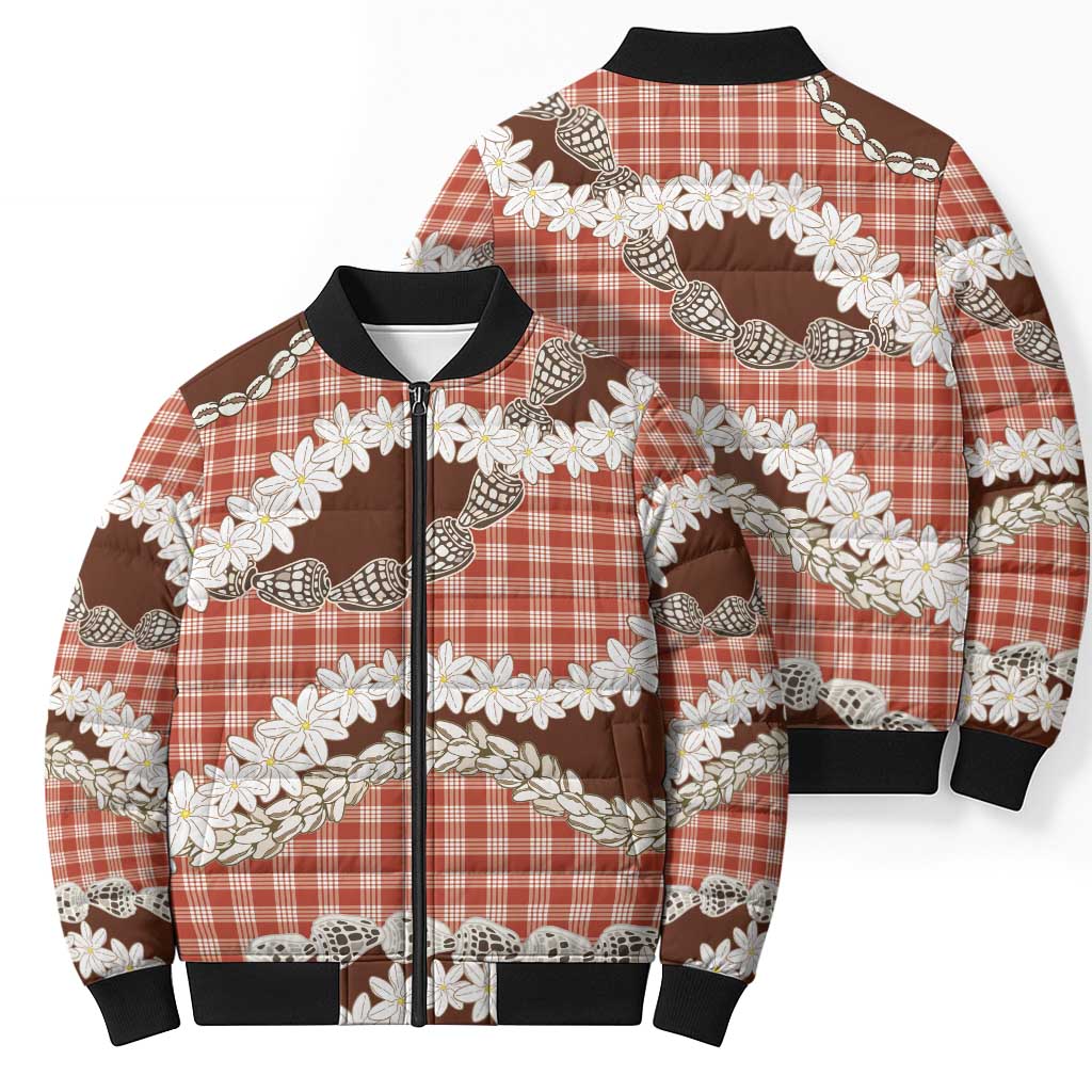 Red Hawaii Tiare and Shell Lei Bomber Puffer Jacket Hawaiian Palaka Luxury Vibes - Polynesian Pride