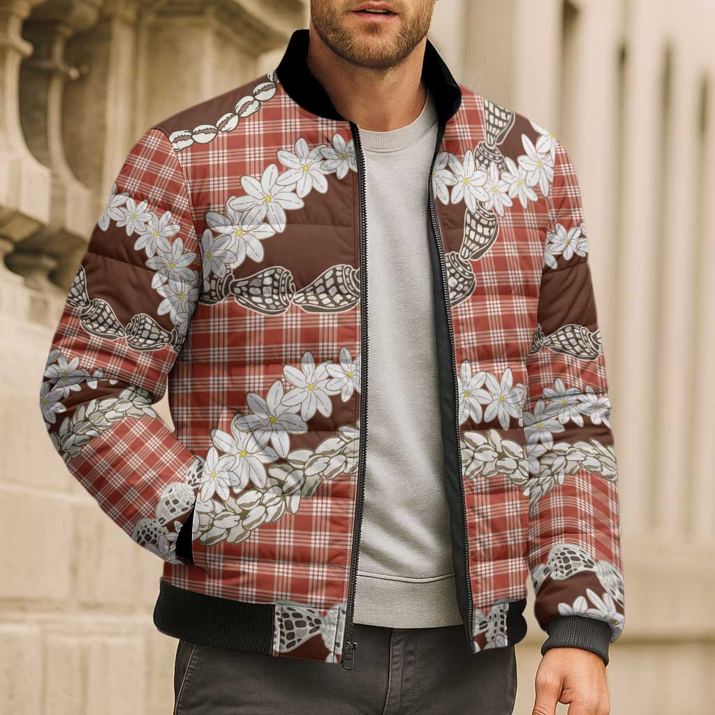 Red Hawaii Tiare and Shell Lei Bomber Puffer Jacket Hawaiian Palaka Luxury Vibes - Polynesian Pride