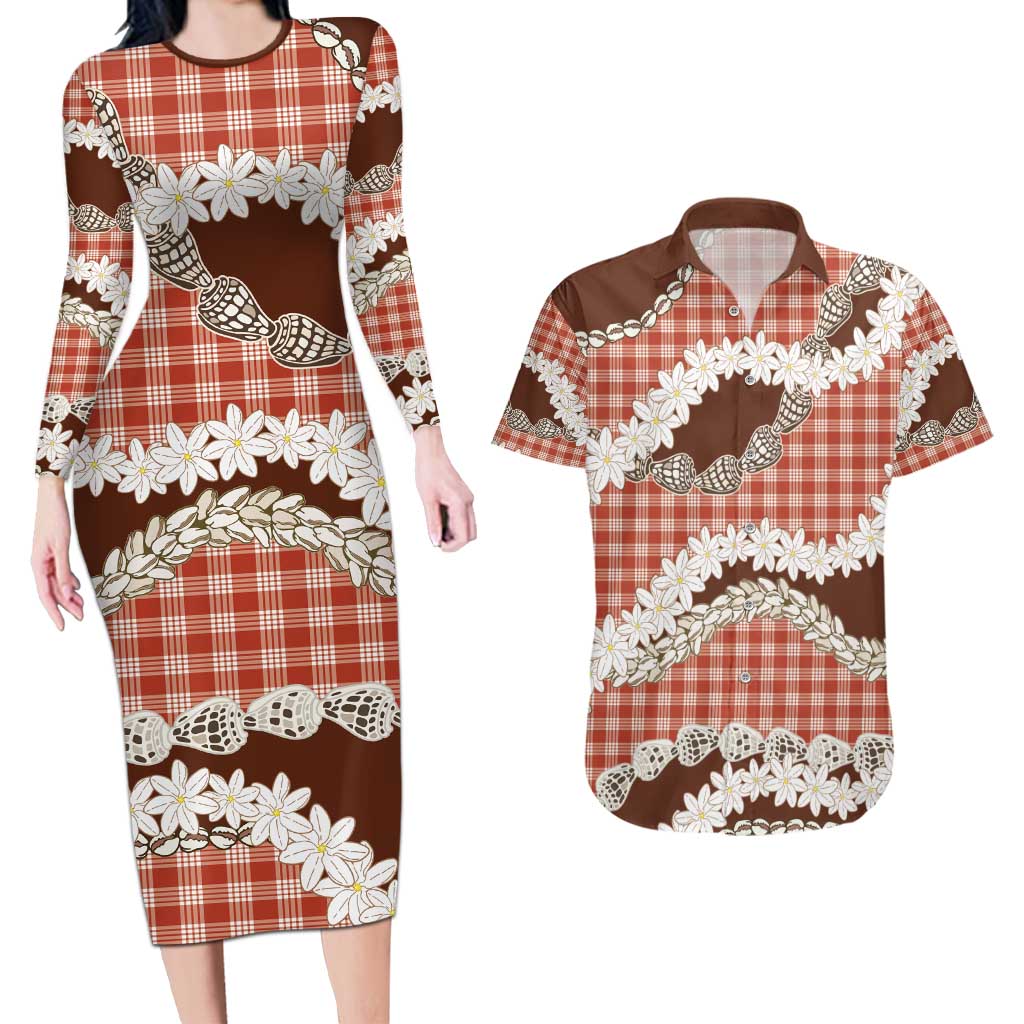 Red Hawaii Tiare and Shell Lei Couples Matching Long Sleeve Bodycon Dress and Hawaiian Shirt Hawaiian Palaka Luxury Vibes - Polynesian Pride