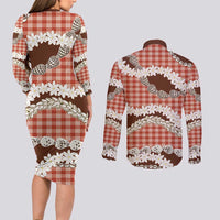 Red Hawaii Tiare and Shell Lei Couples Matching Long Sleeve Bodycon Dress and Long Sleeve Button Shirt Hawaiian Palaka Luxury Vibes - Polynesian Pride