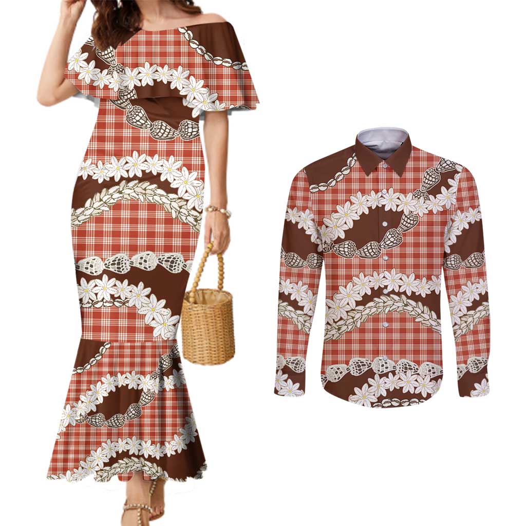 Red Hawaii Tiare and Shell Lei Couples Matching Mermaid Dress and Long Sleeve Button Shirt Hawaiian Palaka Luxury Vibes - Polynesian Pride