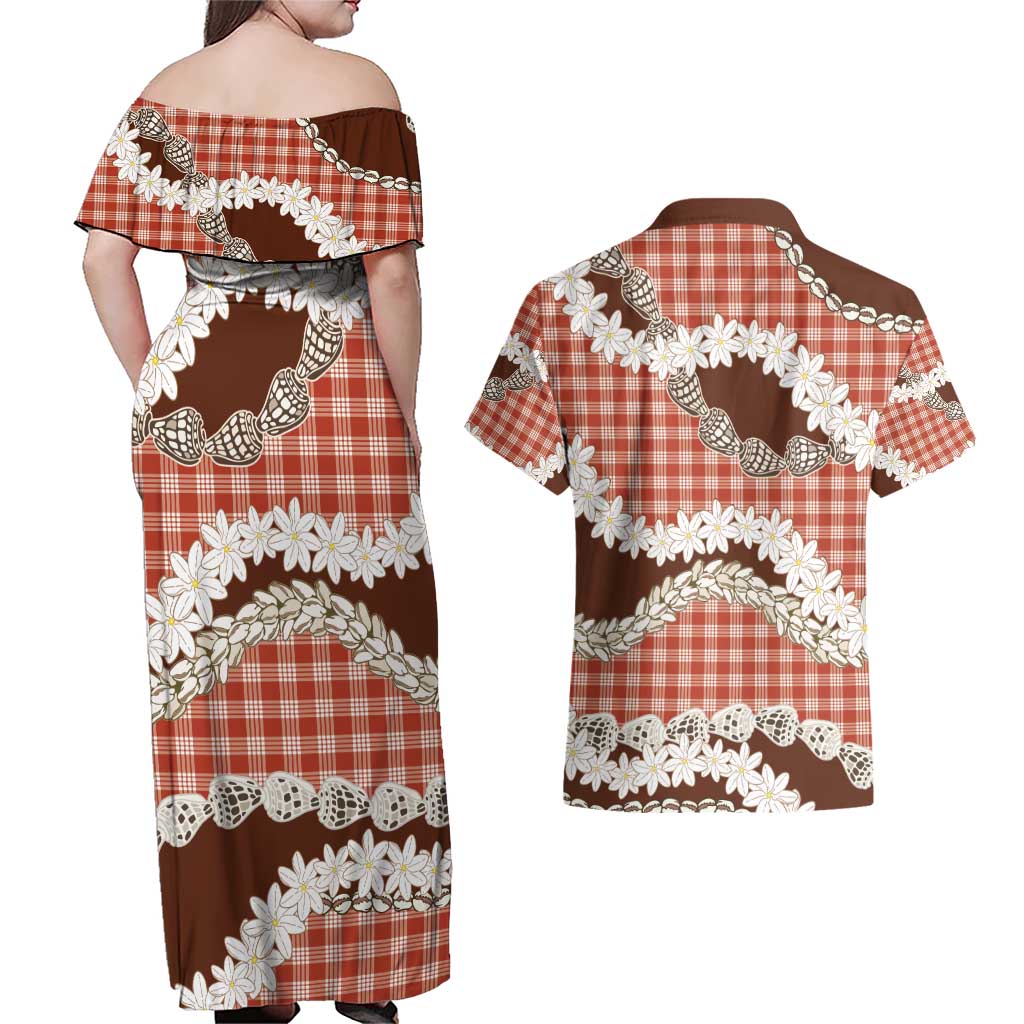 Red Hawaii Tiare and Shell Lei Couples Matching Off Shoulder Maxi Dress and Hawaiian Shirt Hawaiian Palaka Luxury Vibes - Polynesian Pride