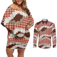 Red Hawaii Tiare and Shell Lei Couples Matching Off Shoulder Short Dress and Long Sleeve Button Shirt Hawaiian Palaka Luxury Vibes - Polynesian Pride