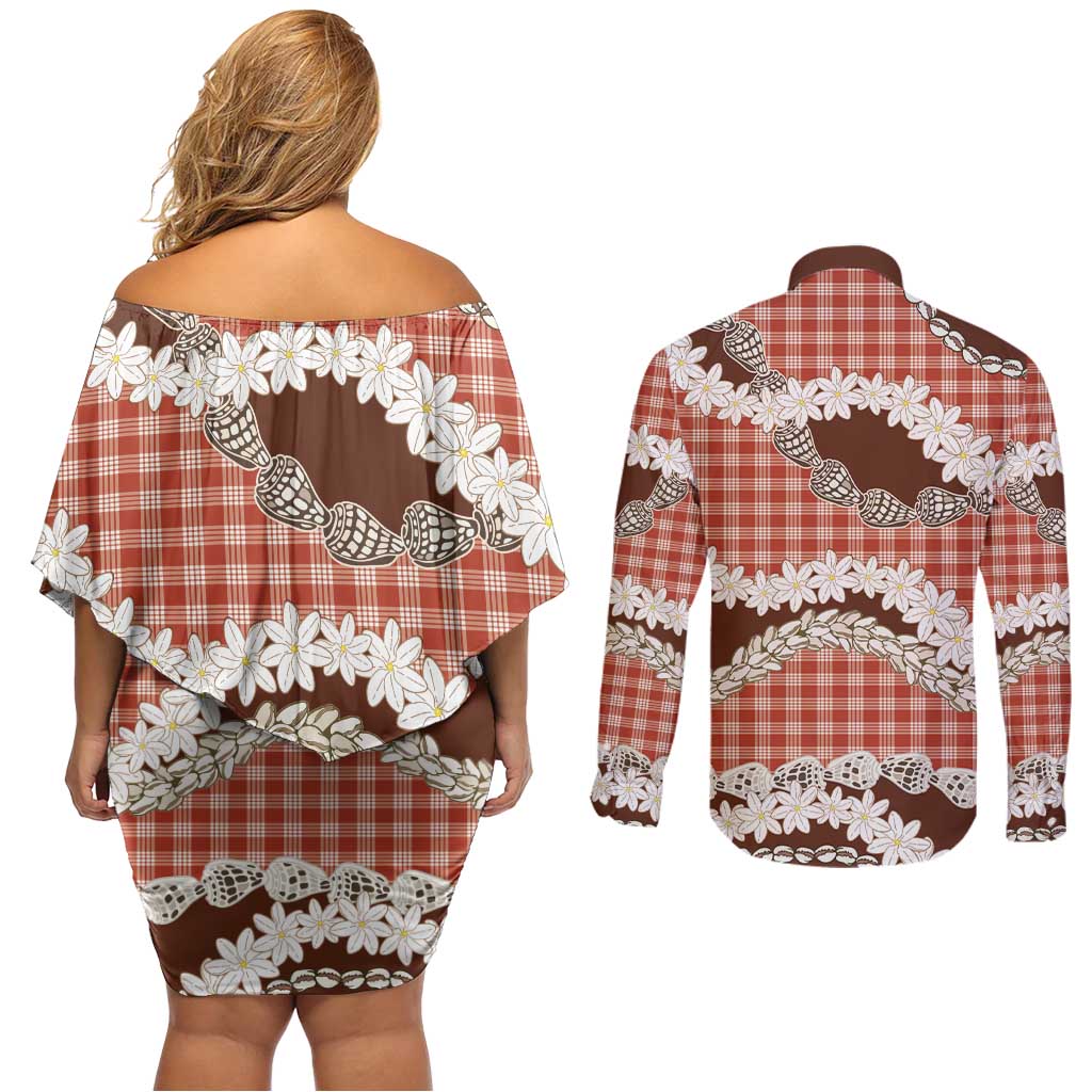 Red Hawaii Tiare and Shell Lei Couples Matching Off Shoulder Short Dress and Long Sleeve Button Shirt Hawaiian Palaka Luxury Vibes - Polynesian Pride