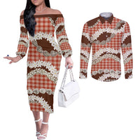 Red Hawaii Tiare and Shell Lei Couples Matching Off The Shoulder Long Sleeve Dress and Long Sleeve Button Shirt Hawaiian Palaka Luxury Vibes - Polynesian Pride