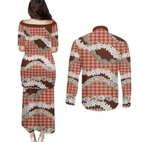 Red Hawaii Tiare and Shell Lei Couples Matching Puletasi and Long Sleeve Button Shirt Hawaiian Palaka Luxury Vibes LT14 - Polynesian Pride