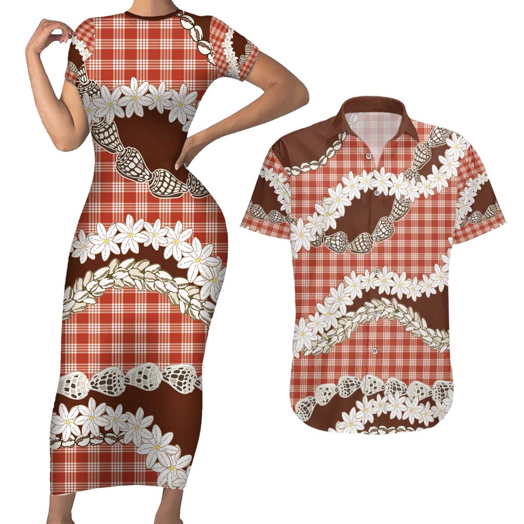 Red Hawaii Tiare and Shell Lei Couples Matching Short Sleeve Bodycon Dress and Hawaiian Shirt Hawaiian Palaka Luxury Vibes - Polynesian Pride