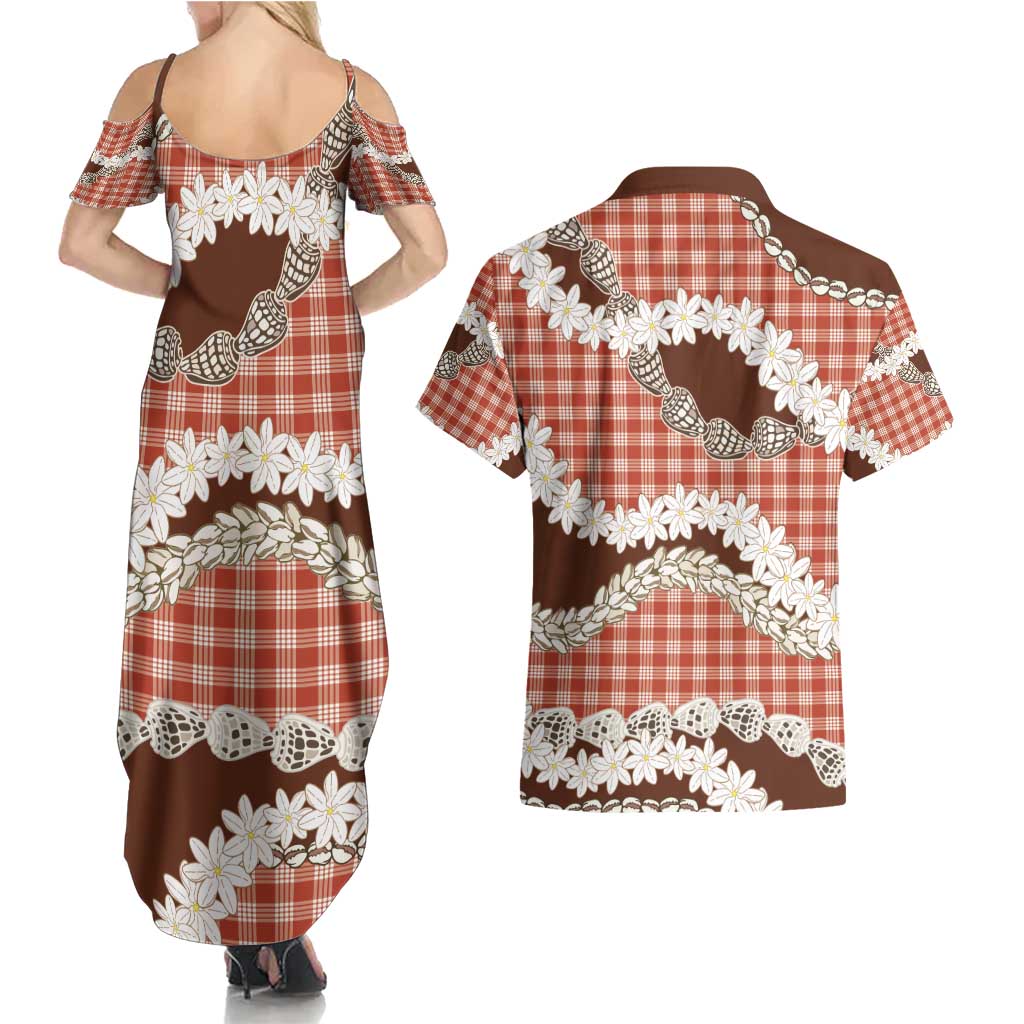 Red Hawaii Tiare and Shell Lei Couples Matching Summer Maxi Dress and Hawaiian Shirt Hawaiian Palaka Luxury Vibes - Polynesian Pride