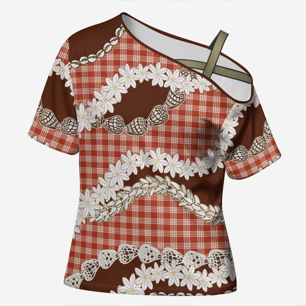 Red Hawaii Tiare and Shell Lei Cross Shoulder Shirt Hawaiian Palaka Luxury Vibes LT14 Female Red - Polynesian Pride