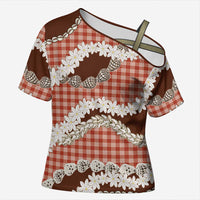 Red Hawaii Tiare and Shell Lei Cross Shoulder Shirt Hawaiian Palaka Luxury Vibes LT14 Female Red - Polynesian Pride
