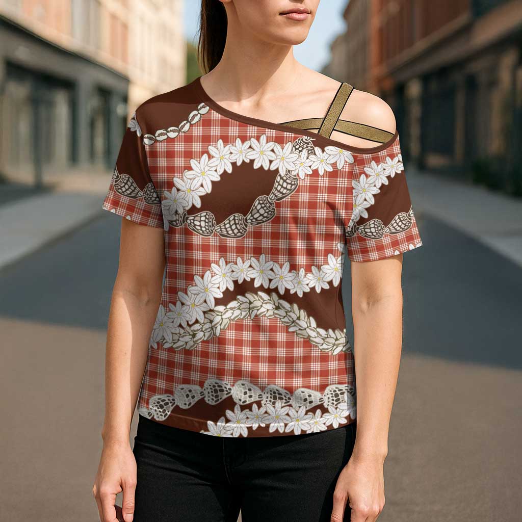 Red Hawaii Tiare and Shell Lei Cross Shoulder Shirt Hawaiian Palaka Luxury Vibes LT14 - Polynesian Pride